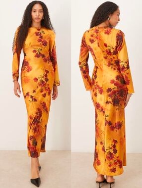 ASOS Design Orange Floral Satin Slip Bias Bust Maxi Dress